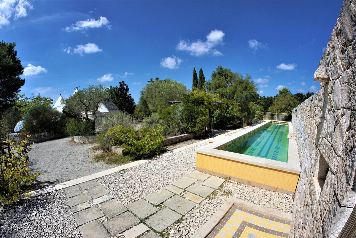 A serene outdoor space features a mosaic-tiled pool bordered by a stone wall and a gravel pathway. Lush greenery and trees provide natural beauty, while the blue sky with scattered clouds completes the tranquil landscape.