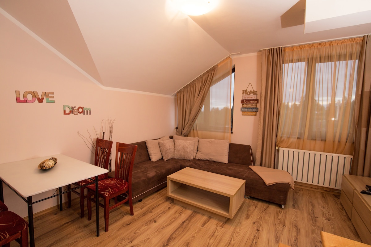 A living room features a brown sectional sofa with decorative cushions and a wooden coffee table. A small dining table with two red chairs is positioned nearby. Natural light flows through large windows, complemented by sheer curtains, and wall decorations add a personal touch.