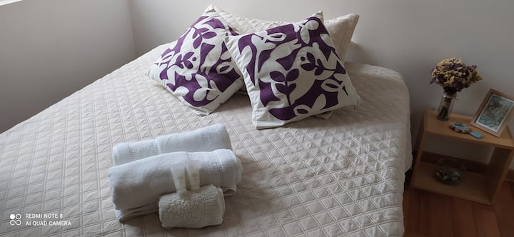 双人床、毛巾和洗发水