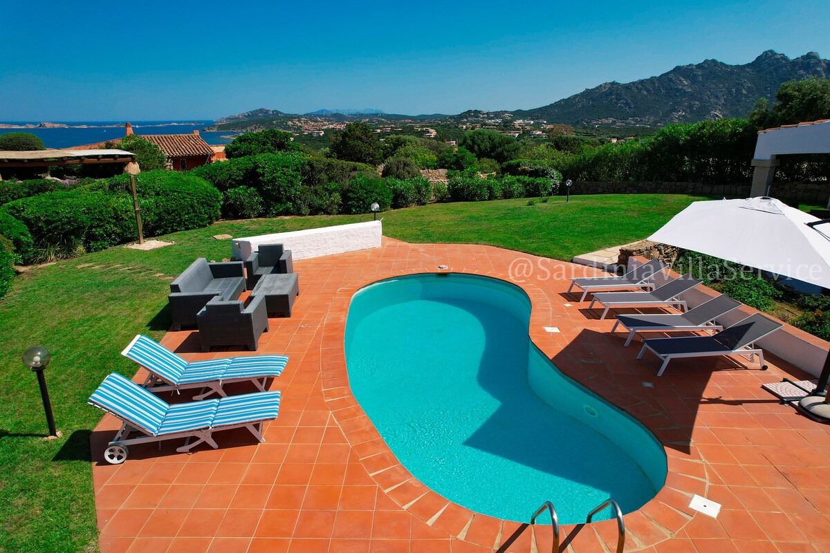 A well-maintained outdoor space features a rectangular swimming pool surrounded by a spacious terrace. Several lounge chairs are positioned for relaxation, and a shaded umbrella provides a respite from the sun. Lush greenery and distant mountains create a scenic backdrop.