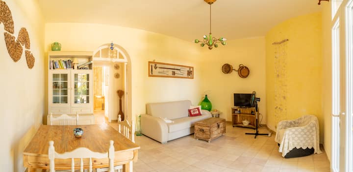 غرفة معيشة بها سرير أريكة وطاولة وتلفزيون