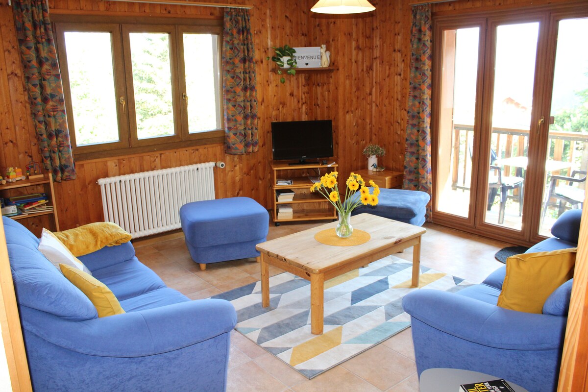 The living area features blue upholstered sofas arranged around a wooden coffee table. A TV is positioned on a low unit, and the space is filled with natural light from large windows, offering access to a balcony. A colorful rug adds texture to the floor.