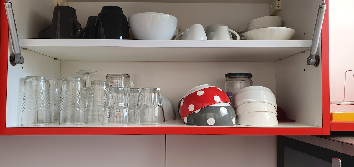 A well-organized kitchen cabinet displays a variety of dinnerware and glassware. Clear drinking glasses sit alongside bowls in red, white, and polka dots. Several white plates and a few serving dishes are neatly arranged, illustrating the available dining essentials.