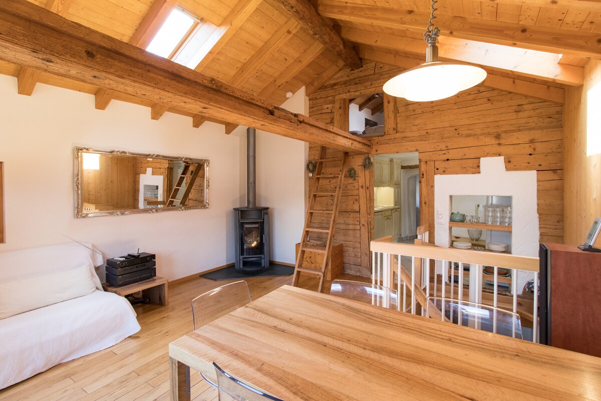 A spacious living area features wooden beams and a high ceiling. A large dining table stands centrally, while a cozy sofa is positioned nearby. A staircase leads to an upper level, and a wood stove provides warmth. Natural light pours in through skylights.