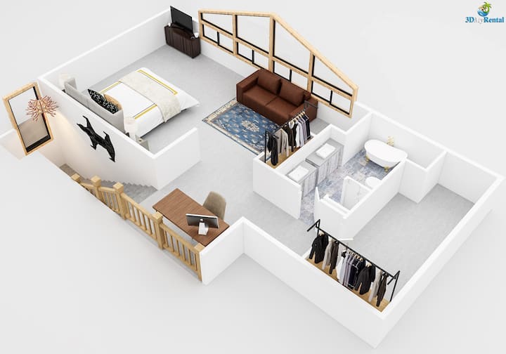 3D Rendition i Loft & Dhomës Kryesore të Dyshemesë