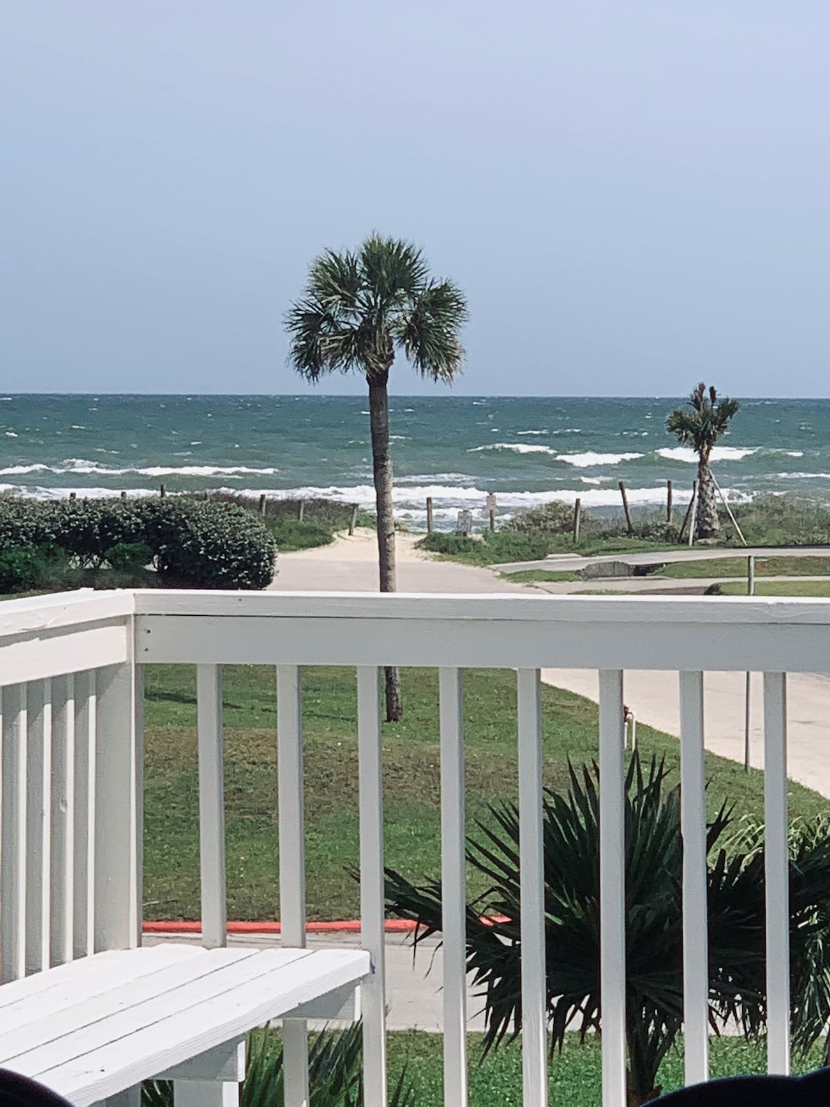 A view of the ocean, showing rolling waves and a clear blue sky. Palm trees are visible in the foreground and along the shoreline, adding to the coastal atmosphere. The image captures the natural beauty of the beach just beyond the property.