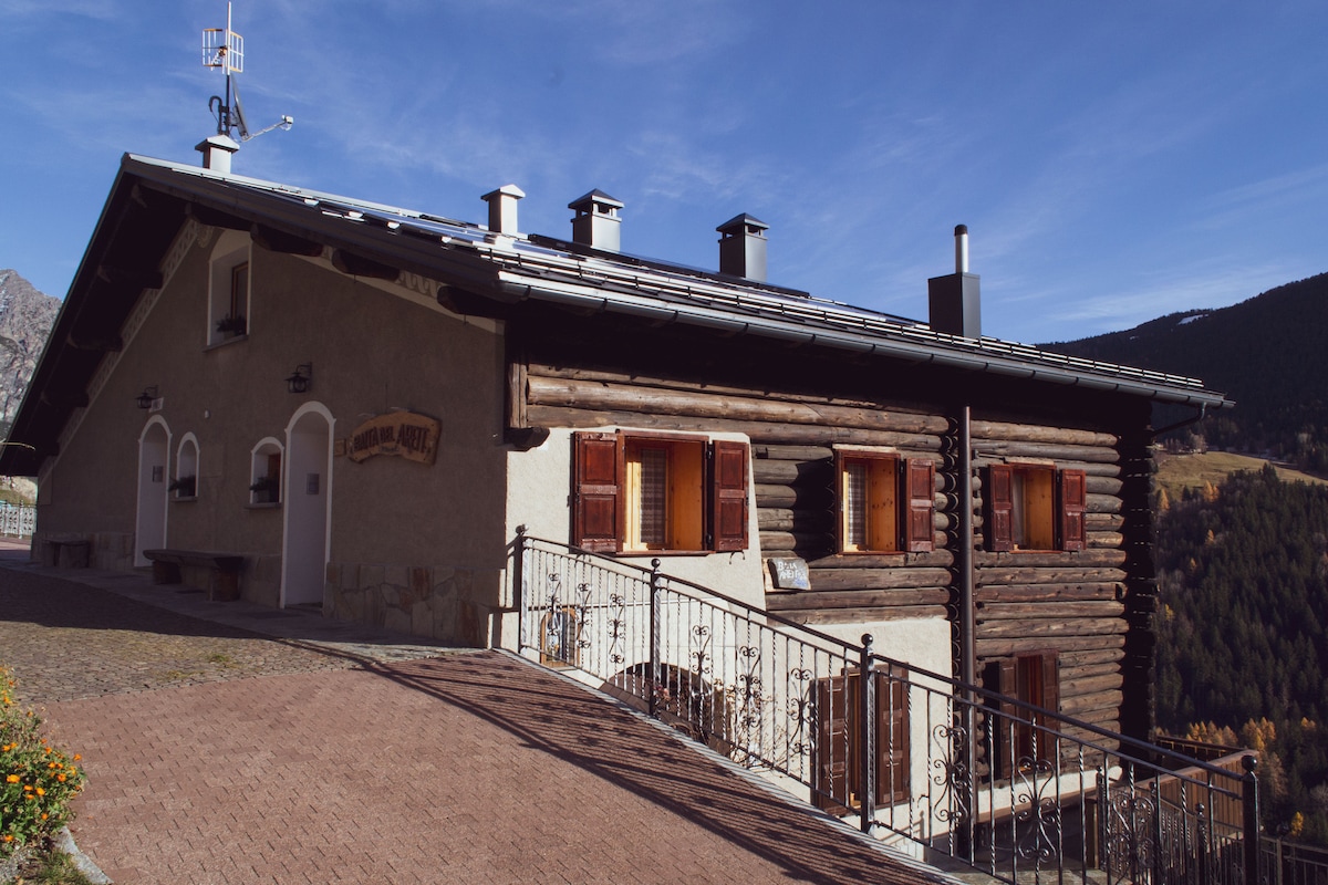 A traditional mountain lodge exterior is featured, showcasing a mix of rustic wood and stucco elements. The building has multiple windows with wooden shutters, and a balcony extends along the front, overlooking the scenic landscape. A cobblestone pathway leads to the entrance.