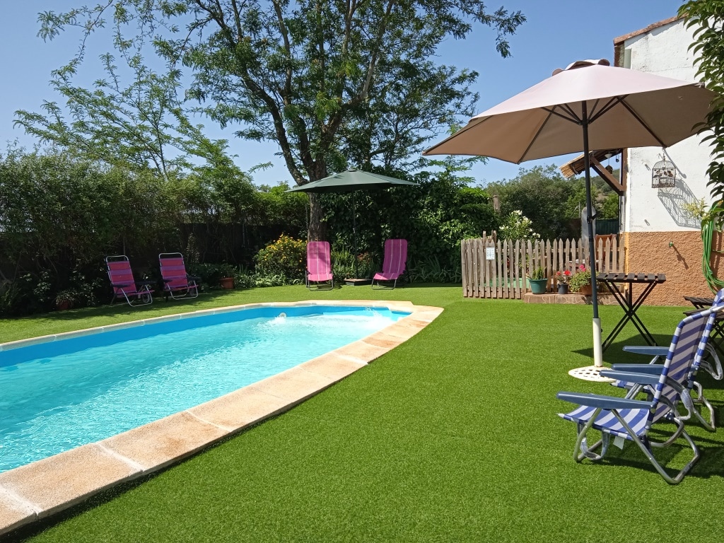 A private swimming pool is surrounded by green artificial grass, offering a relaxing outdoor space. Two umbrellas provide shade over seating areas, with pink lounge chairs visible beside the water. Colorful flowers and a wooden fence add to the tranquil setting.