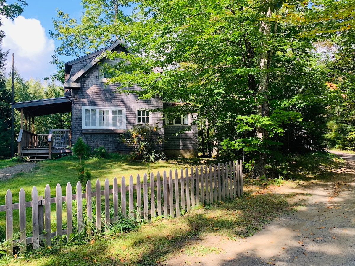 A charming cottage is surrounded by lush green trees, enhancing the serene atmosphere. A wooden fence borders the property, leading to a gravel path. The porch features a few chairs, and large windows allow natural light to brighten the interior.