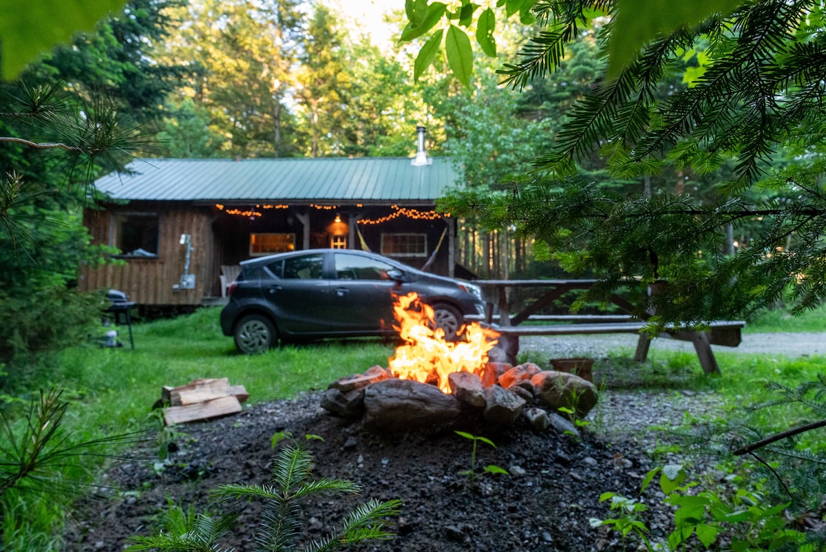 A fire pit is surrounded by stones, with flames flickering in front of a rustic cabin nestled among trees. A car is parked nearby, and a picnic table is positioned in the yard, creating a cozy outdoor gathering space.