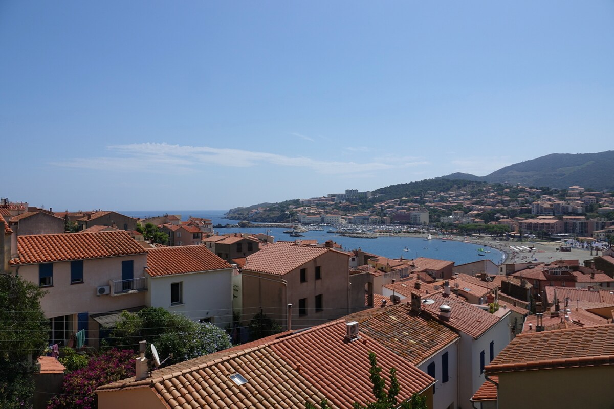 A panoramic view of the vibrant harbour area is displayed, featuring terracotta-roofed buildings and a sparkling blue sea. The mountains rise gently in the background, while the beach and recreational areas are visible along the shoreline.