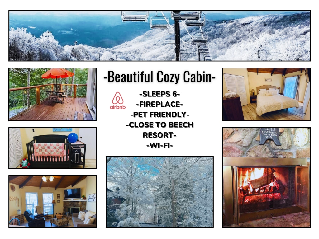 A cozy cabin environment is presented with a rustic stone fireplace in the foreground. The warm glow of the fire contrasts with the snowy landscape visible through nearby windows. The scene suggests a relaxing atmosphere for guests enjoying winter activities.