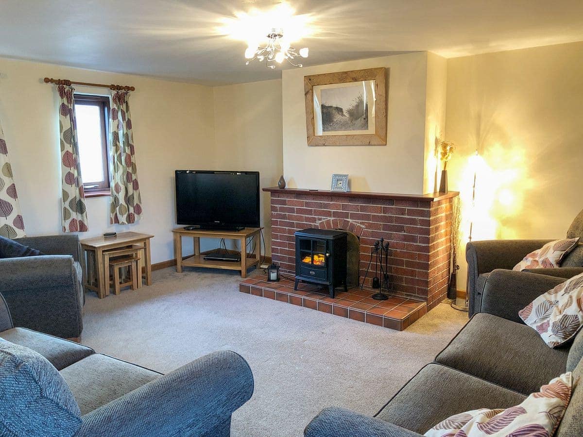 A spacious lounge area is highlighted by a brick fireplace with a wood-burning stove. Two comfortable armchairs and a couch are arranged around a small coffee table. A flat-screen television is positioned on a stand, with natural light filtering through curtains patterned with soft colors.