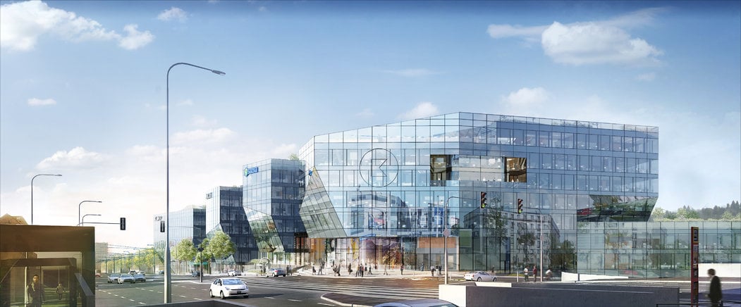 A modern commercial center is depicted, featuring a large glass façade reflecting the sky. Multiple levels are visible, with several entrances and large windows. Surrounding greenery adds to the ambiance, while vehicles and streetlights indicate an active urban environment.
