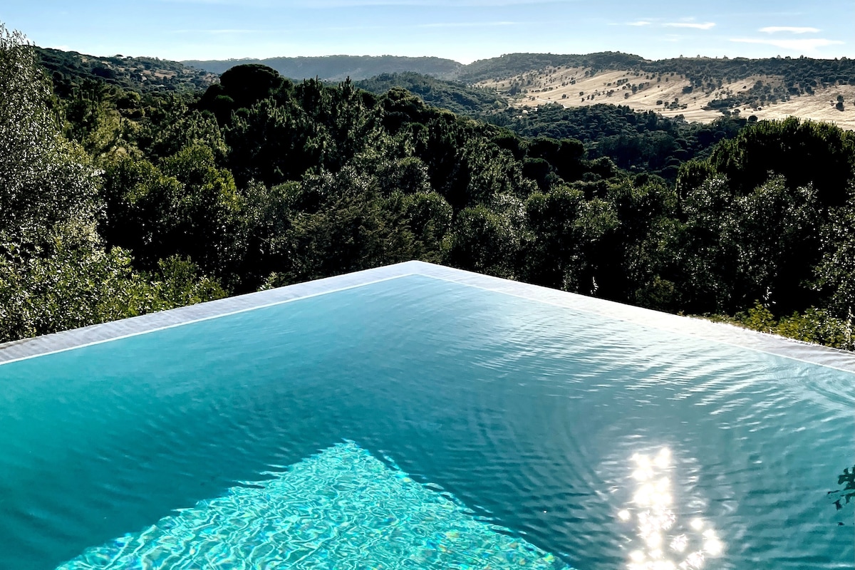 The infinity pool reflects sunlight, merging seamlessly with the natural landscape. Lush greenery surrounds the pool, leading to rolling hills in the distance, enhancing the tranquil setting and providing a panoramic view of the serene wilderness.