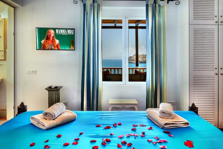 First Floor Spinalonga Bedroom with King Size double bed, A/C, en suite bathroom, seaview