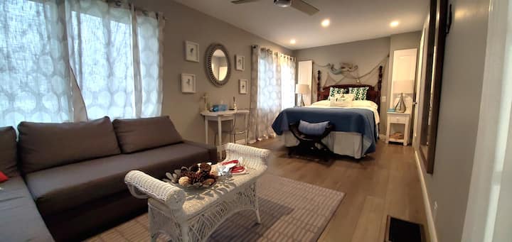 Mermaid room - main floor bedroom.  Queen size bed and pull out double sofa bed 