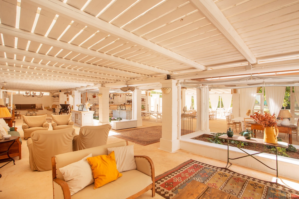 A spacious common area features light-colored furnishings and a wooden ceiling with overhead beams. Various seating options are arranged throughout, with a vibrant area rug anchoring the space. Natural light illuminates the area, enhancing the overall inviting atmosphere.