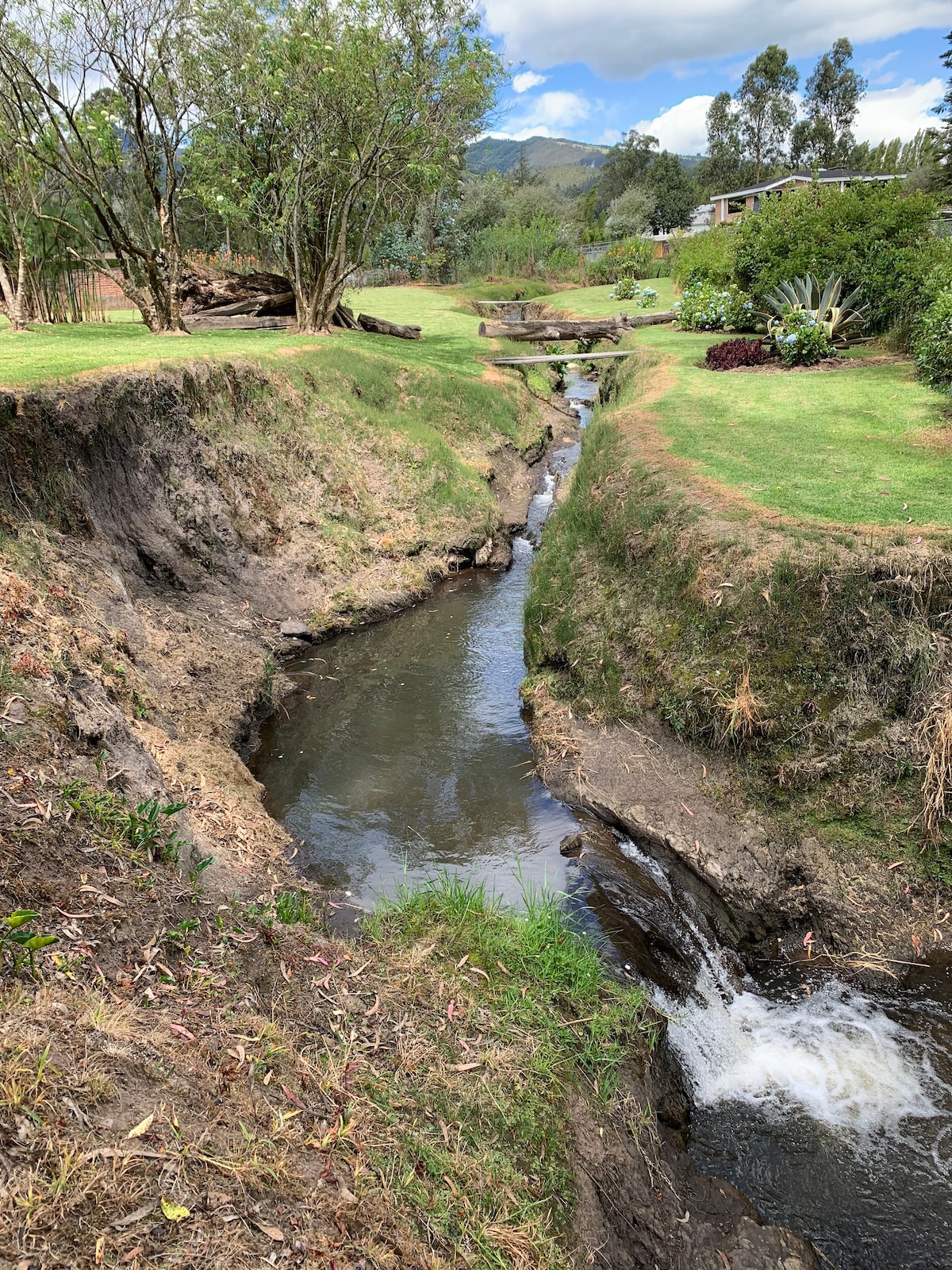 A serene stream winds through the green landscape, surrounded by grassy banks and patches of trees. The water flows gently, creating a peaceful ambiance. Visible in the background, rolling hills and distant mountains frame the tranquil countryside.
