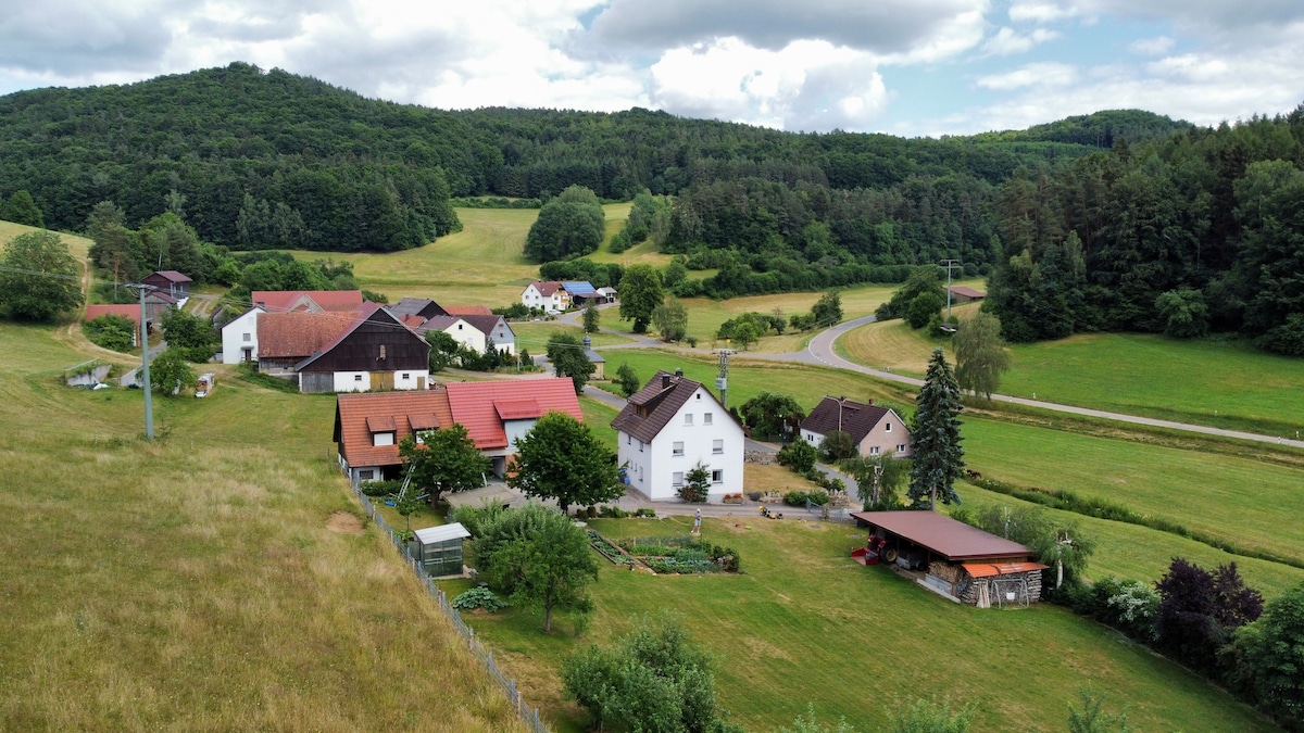 An aerial view captures a tranquil village scene surrounded by lush greenery and rolling hills. Multiple charming buildings, including a white house, are set within a spacious garden. Nearby, a covered outdoor sitting area is positioned beside a winding pathway, inviting relaxation in nature.