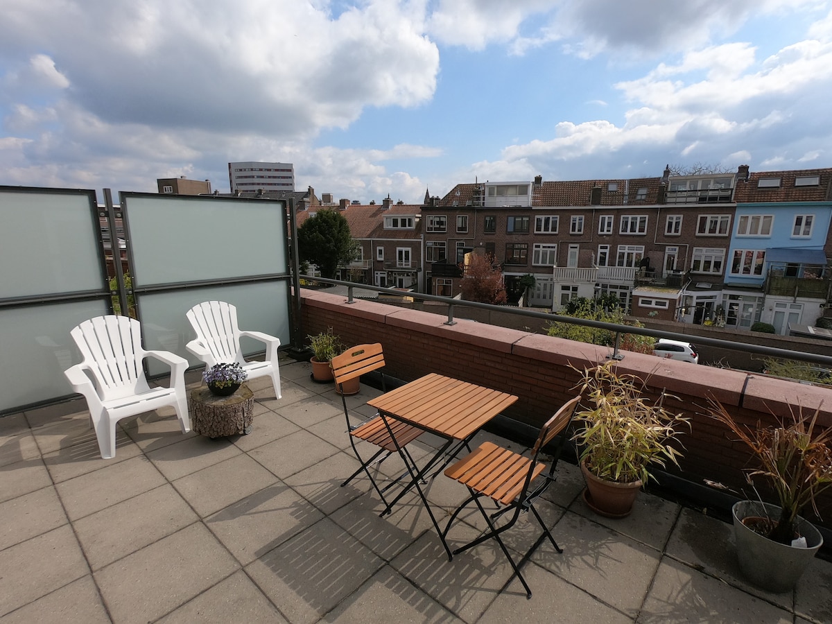 A spacious rooftop terrace is shown with two white adirondack chairs and a small wooden table surrounded by potted plants. The view features residential buildings under a partly cloudy sky, creating a pleasant outdoor space for relaxation.