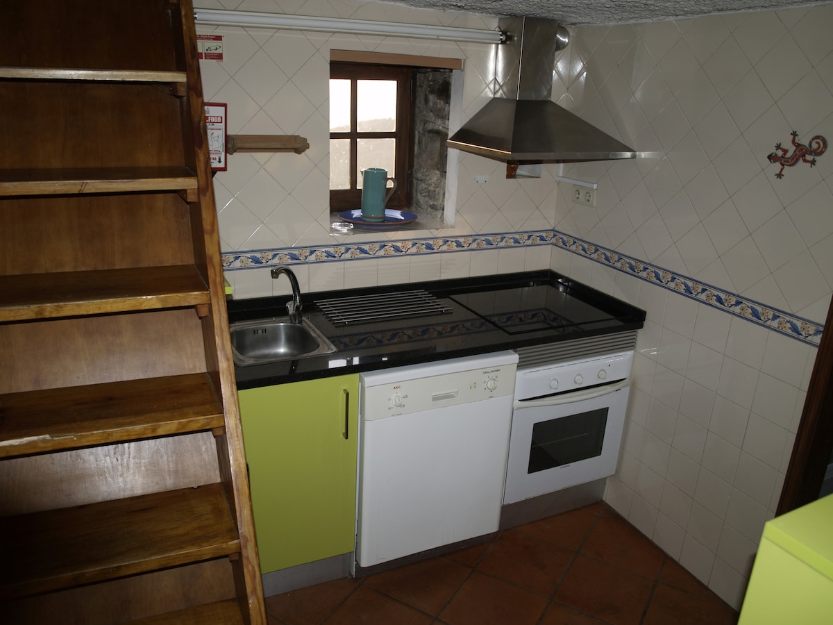 A functional kitchen area features modern appliances, including a dishwasher and oven. Green cabinetry adds a touch of color, while a stainless steel extractor hood is positioned above the cooking space. A staircase is visible in the foreground, leading to the upper level.