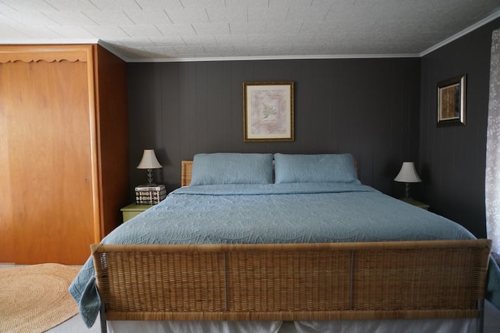 חדר שינה ראשי גדול עם מיטת קינג, שתי שידות וארון.