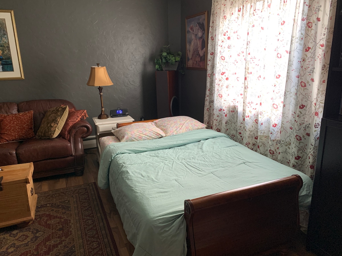 Living room futon transformed into a comfortable bed at Cozy House in Ridgway