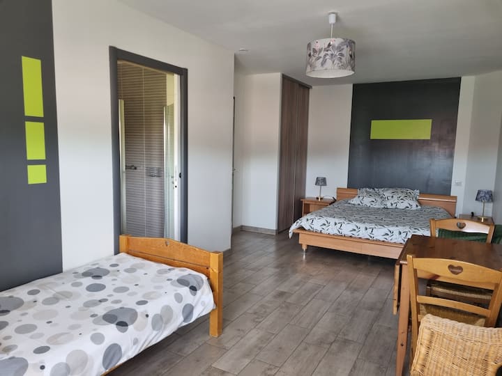 غرفة خضراء
سرير مزدوج
سرير فردي
حمام داخلي مع مرحاض
غرفة تبديل الملابس في منطقة المكتب
