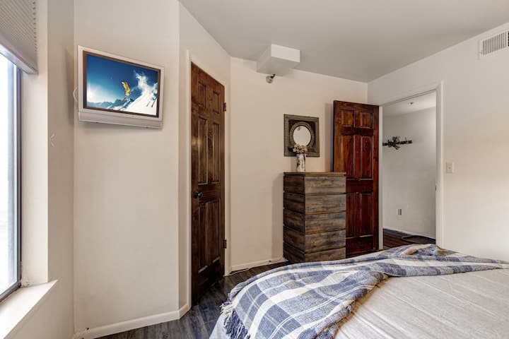 Main bedroom with TV, closet, and bathroom just outside the bedroom door.