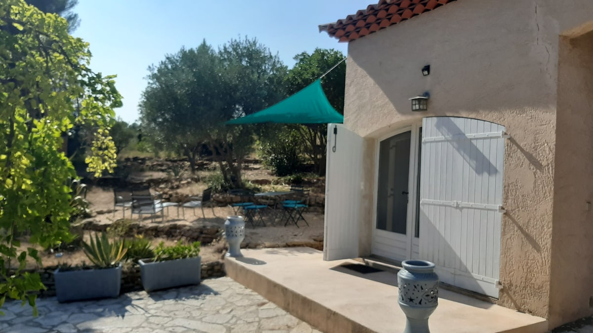 A charming exterior features a light-colored wall with a white door, under a shaded area of green fabric. Potted plants frame the entrance, while a stony terrace leads to an outdoor seating area with blue tables and chairs, surrounded by olive trees.