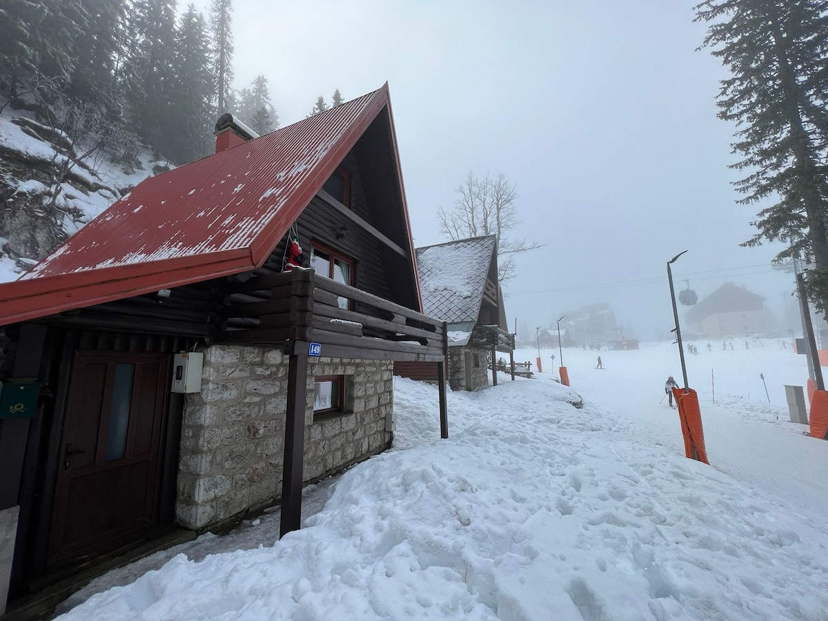 A charming holiday house is showcased with a sloped red roof and stone walls, nestled in a snowy landscape. Nearby skiers can be seen on the slopes. Tall conifer trees frame the scene, creating a serene winter atmosphere.