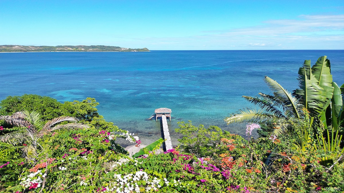 A scenic view of a private dock extending into clear blue waters, surrounded by lush tropical foliage and vibrant flowers. The shoreline is framed by greenery, creating a serene coastal environment. The horizon features distant hills under a clear blue sky.