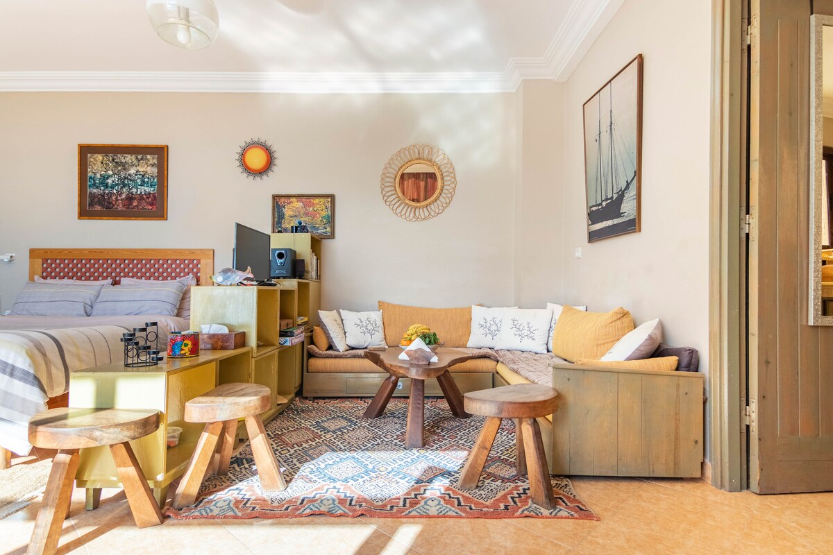 The main room is divided into a cozy sleeping area with a spacious bed and a lounge area featuring a comfortable seating arrangement. Natural light filters through large windows, illuminating the softly painted walls adorned with art. A patterned rug anchors the space, adding warmth.