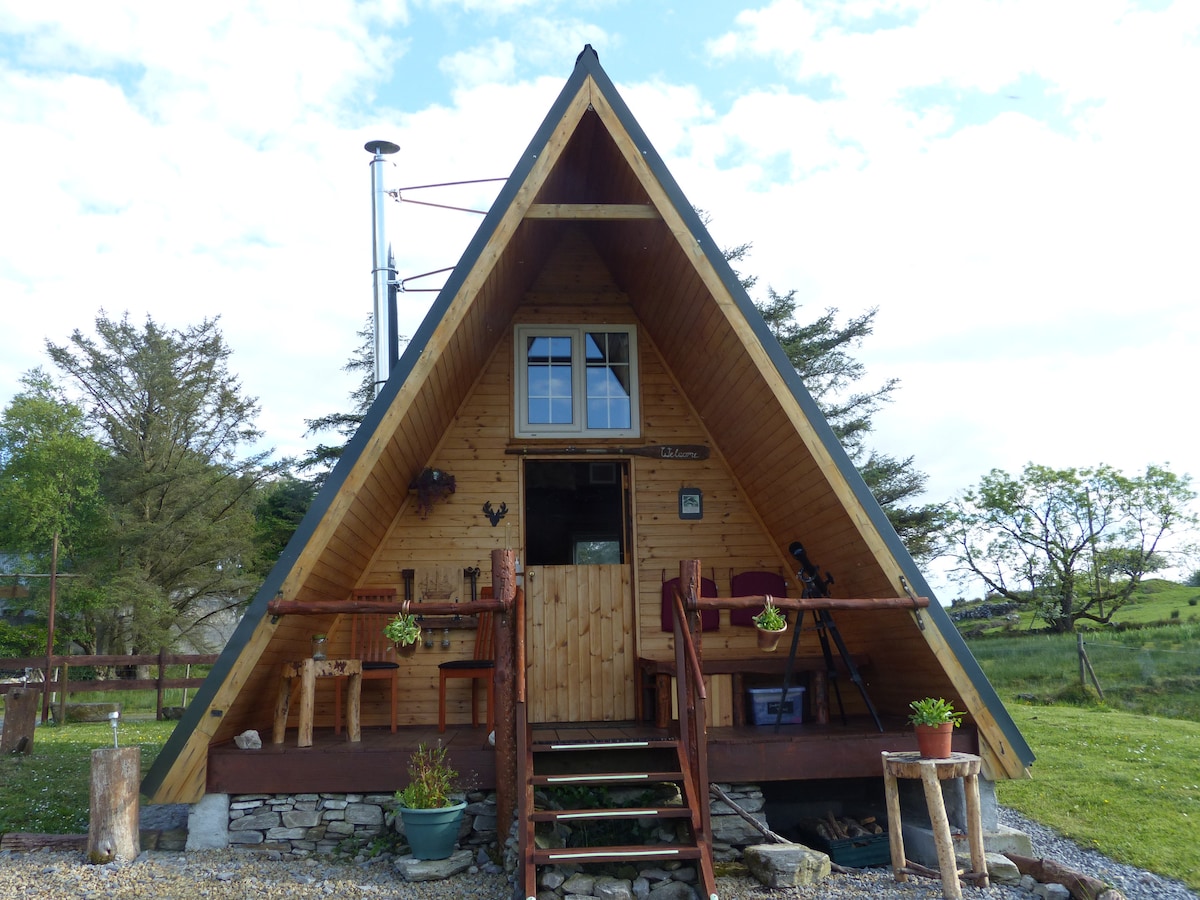 A charming wooden cabin is showcased, featuring an A-frame design with large windows. A small porch with seating overlooks the surrounding greenery. The entrance is framed by natural elements, including potted plants and stone pathways leading up to the door.