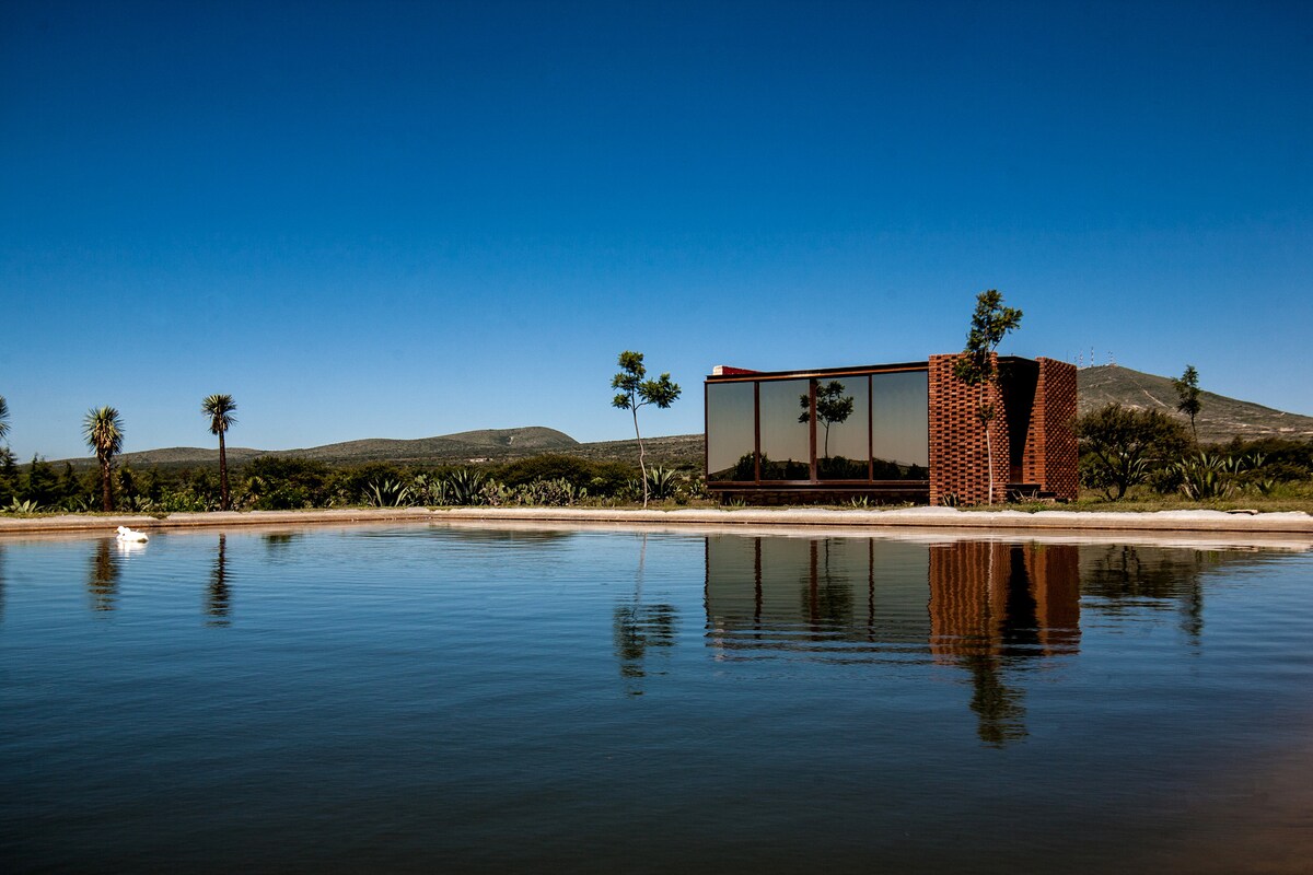 A modern structure is positioned near a calm pond, reflecting the clear blue sky. Surrounding the area are native plants and shrubs, with mountains visible in the background, creating a serene natural setting.