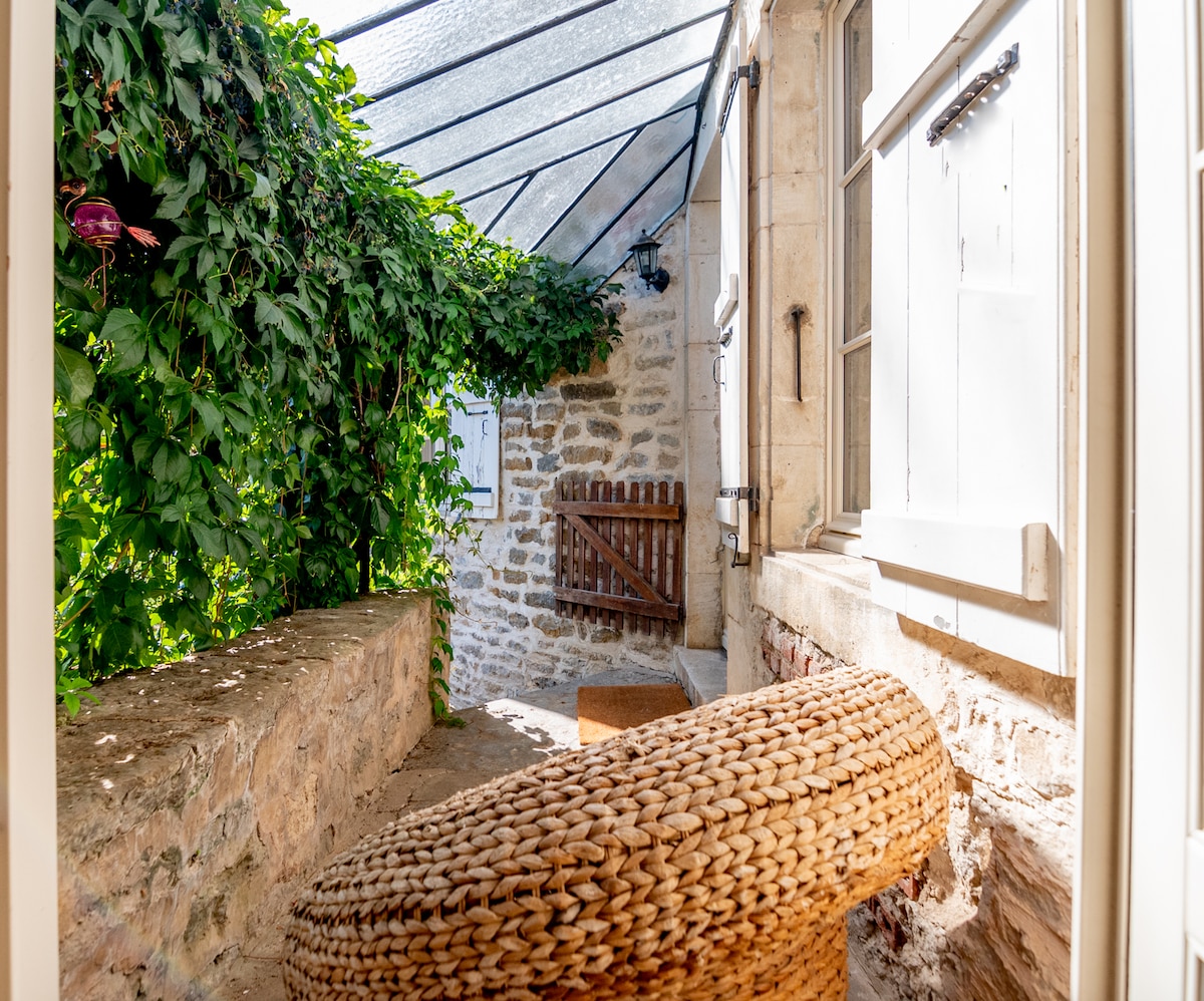 A sunlit outdoor area is enclosed by a glass roof and stone walls. Lush greenery climbs along the walls, providing a natural backdrop. A woven seating piece is positioned on a stone surface, creating a cozy spot to relax.