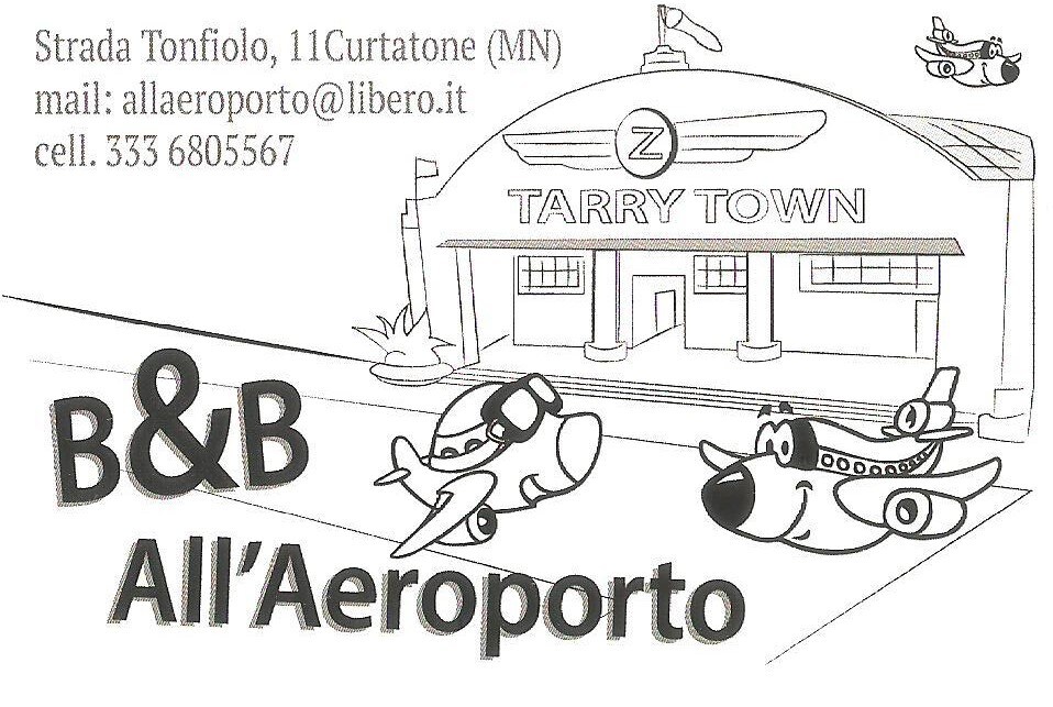 A professional illustration showcases a quaint bed and breakfast. Airplanes are depicted playfully, flying around a stylized building marked with 'Tarry Town' and a prominent 'Z' sign. Contact information is displayed at the bottom, enhancing accessibility for potential guests.