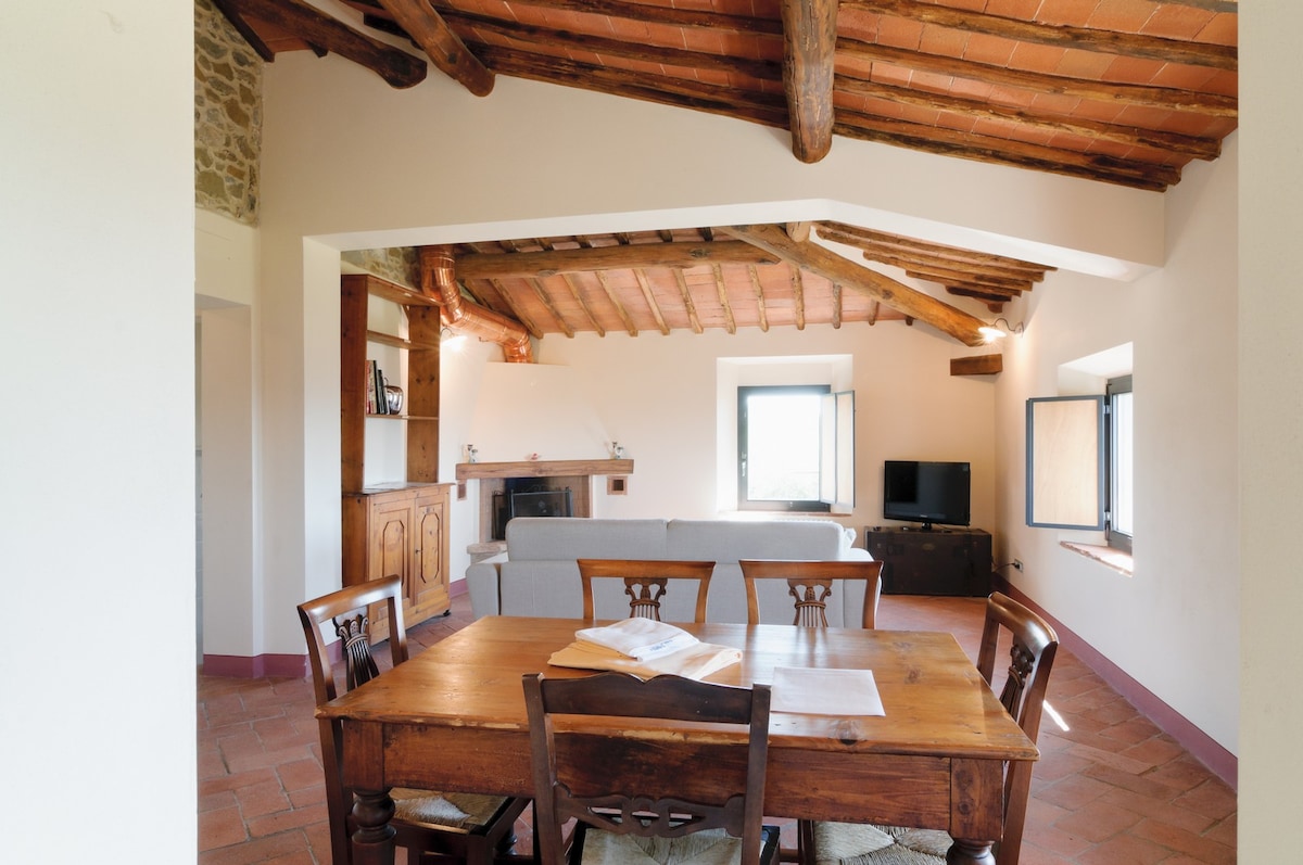 The spacious living and dining area features a large wooden table surrounded by chairs. A cozy sofa is placed near the fireplace, with a TV positioned on a cabinet. Exposed wooden beams and terracotta tiles enhance the rustic charm, while natural light enters through two windows.