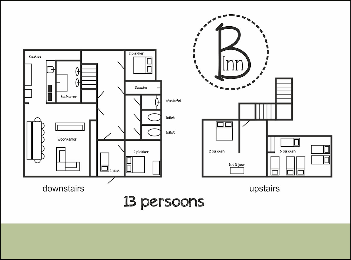 A floor plan is provided, highlighting the layout of the house. The downstairs area includes a spacious kitchen, living room, and two bedrooms, while the upstairs section features two additional bedrooms and two bathrooms. The total accommodation capacity is indicated as suitable for 13 guests.