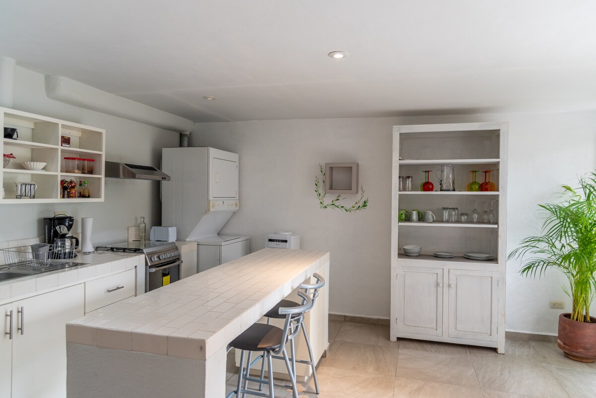 An airy kitchen is highlighted by a central island with seating for three. Surrounding cabinets and shelving hold dishware and kitchen essentials. A washer and dryer unit are tucked away, and a leafy plant adds a touch of greenery to the space.