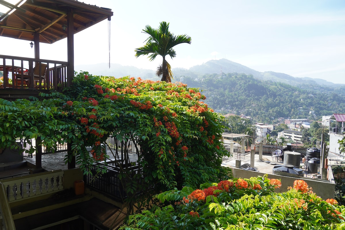 A view of the vibrant garden adorned with orange blooms frames the horizon. The Hantana mountain range is visible in the background, with a clear sky above the lush greenery.