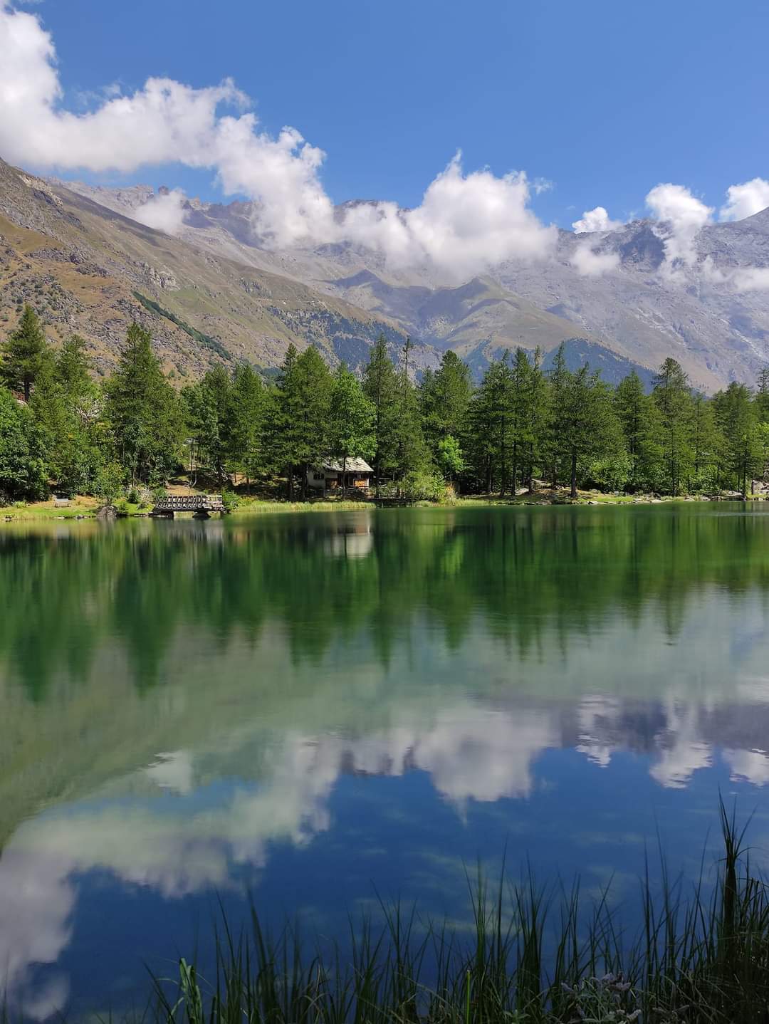 The serene lake, surrounded by tall trees, reflects the majestic mountains and blue sky. A calm surface captures the surrounding greenery and scattered clouds, creating a tranquil scene perfect for nature lovers.