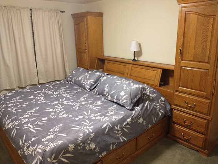 basement bedroom with king size bed