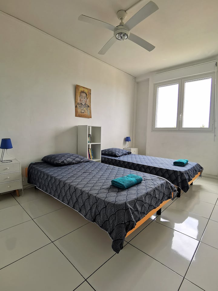 Habitación con dos camas individuales y aire acondicionado