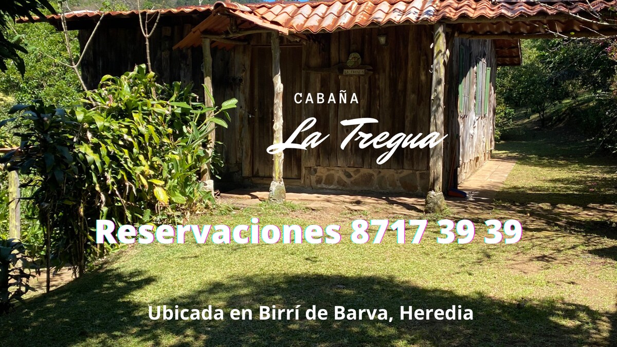 A rustic cabin is surrounded by lush greenery, with a stone pathway leading to the entrance. The wooden structure features a tiled roof and showcases a natural charm, inviting guests to enjoy the tranquil mountain setting of Heredia.