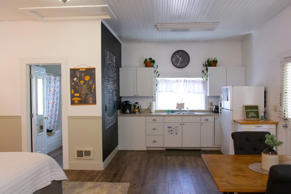 An open studio layout is showcased, featuring a kitchenette with a full-size refrigerator, microwave, and coffee maker. A comfortable living area includes a coffee table and a cozy sofa. Natural light fills the space through a window, complemented by decorative plants atop the cabinets.