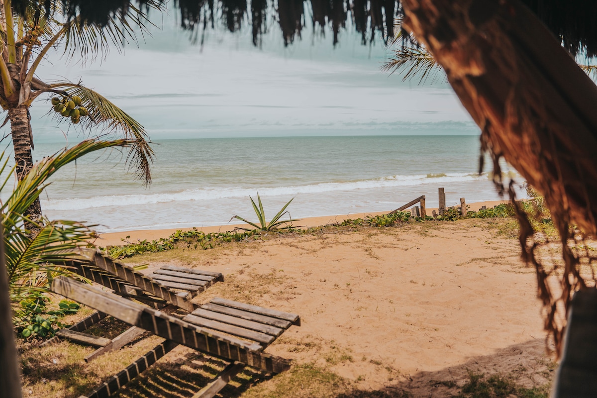A view from the bungalow reveals the sandy beach and ocean waves in the distance. Two wooden beach chairs are positioned nearby, surrounded by lush vegetation. The palm trees provide a natural framing to the scene, enhancing the serene beach atmosphere.