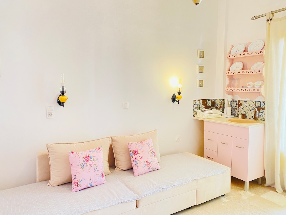 A cozy studio space is showcased, featuring a light-colored sofa adorned with floral cushions. The wall is complemented by shelves displaying elegant dishware, and a compact kitchenette in soft pink tones offers a functional area for meal preparation.