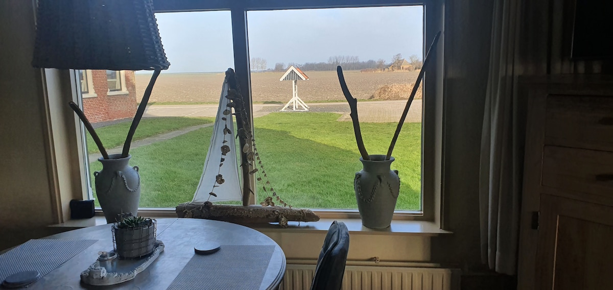 A spacious window offers a view of the open grounds and a distant birdhouse. Two decorative vases with branches are positioned on the windowsill, complementing the simple dining table setup. Natural light streams into the room, highlighting the charming countryside beyond.